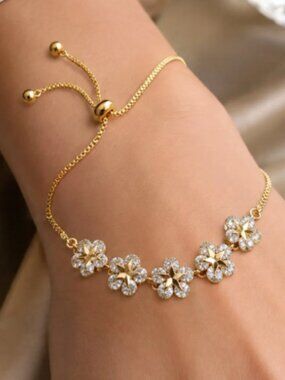 Gold Tone Floral Crystal Unique Adjustable Gold - Tone Braselet